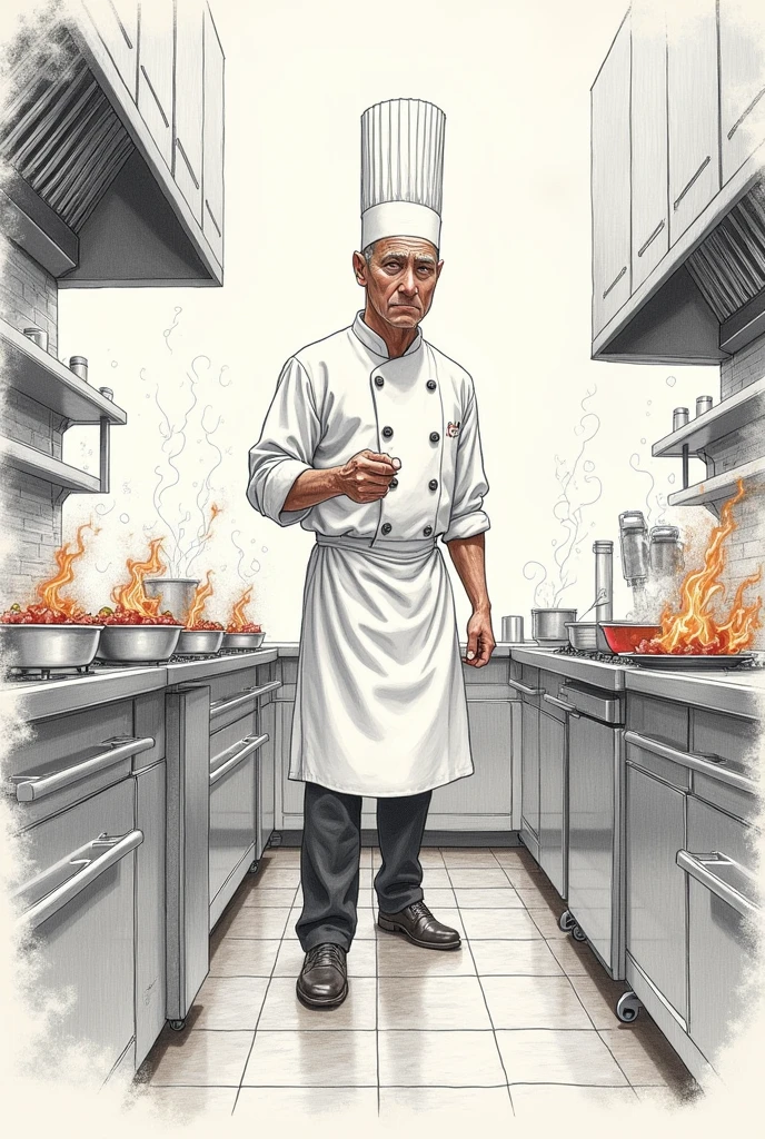 Draw me a picture of a chef in the kitchen controlling the essence of a kitchen emergency. Make it in pencil or as a drawing that is very creative and simple at the same time.