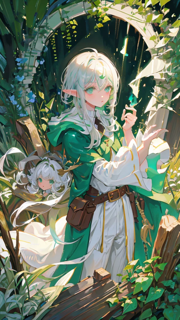 Elf, silver hair, medium hair, medium cut, ahoge, curly hair, green eyes, slim, fair skin, white robes, green cloak, fingerless gloves, brown pants, belt, androgynous, dignified々 A cute man. In her garden, hands and sip
