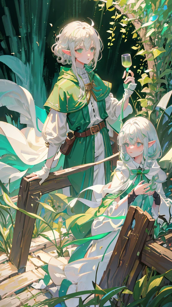 Elf, silver hair, medium hair, medium cut, ahoge, curly hair, green eyes, slim, fair skin, white robes, green cloak, fingerless gloves, brown pants, belt, androgynous, dignified々 A cute man. In her garden, hands and sip