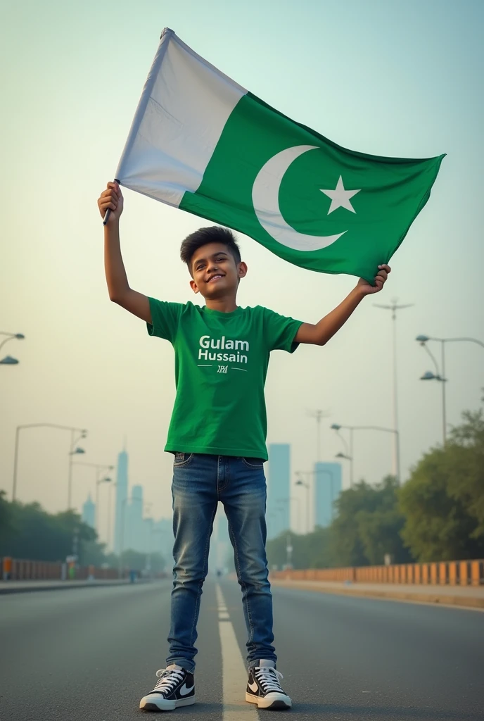 A real 18"years old boy, Wearing green T shirt blue jeans sneakers and the name “Gulam Hussain is written on his t-shirt and the boy is standing on the road with holding a national flag of Pakistan and behind him is the Lahore And written on sky “Independence Day” Create Realistic image high quality..