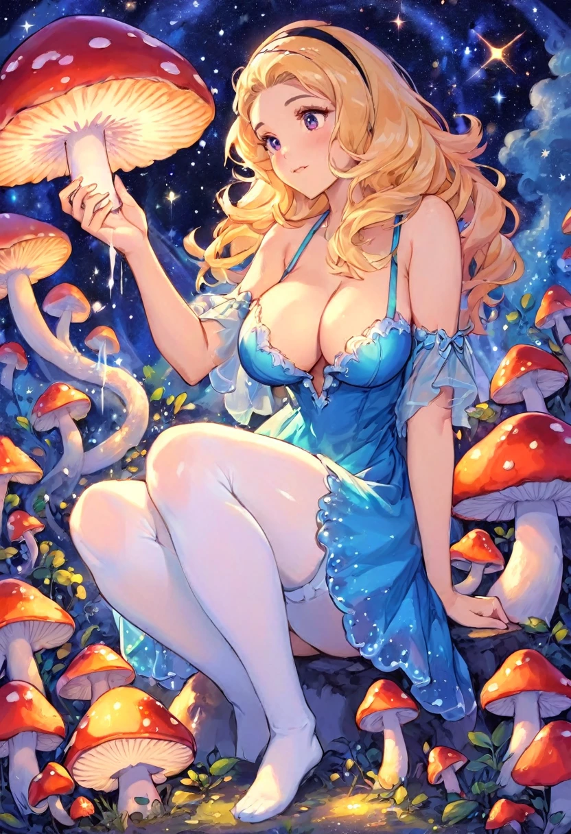 a beautiful 20 year old blonde woman with big messy hair in a blue dress, white stockings, black headband, cleavage, holding a glowing mushroom, sitting on a giant glowing mushroom, colorful stardust, fantasy art style, rossdraws cartoon vibrant, cute detailed digital art, colorfull digital fantasy art, digital fantasy art ), glossy digital painting, rossdraws pastel vibrant, rossdraws 2. 5, rossdraws 1. 0