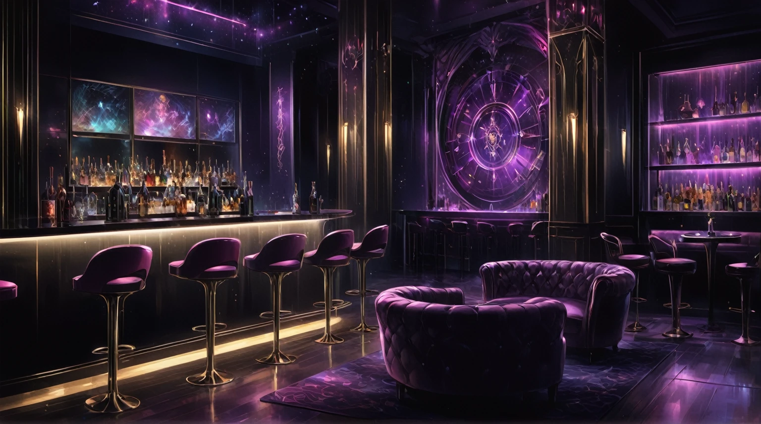 fairy tale anime key visual, background, Frightening, Analytical Art, F/14, magical, fantastical, enchanting, storybook style, highly detailed,modern nightclub interior with a stylish, contemporary design. The scene features a sophisticated bar area on the side
