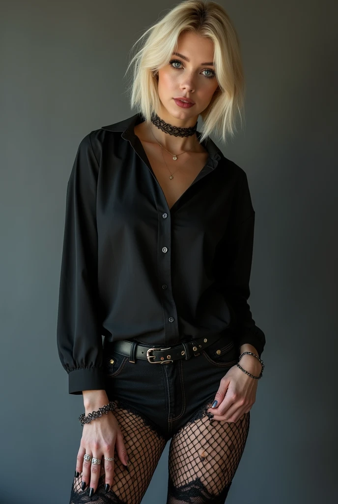 a blonde woman, short layered hair , with very feminine features, of medium build, with prominent breasts, my very thick thighs, wearing a slightly loose black AC shirt/DC, a black lace panty , fishnet stockings and gothic-style boots