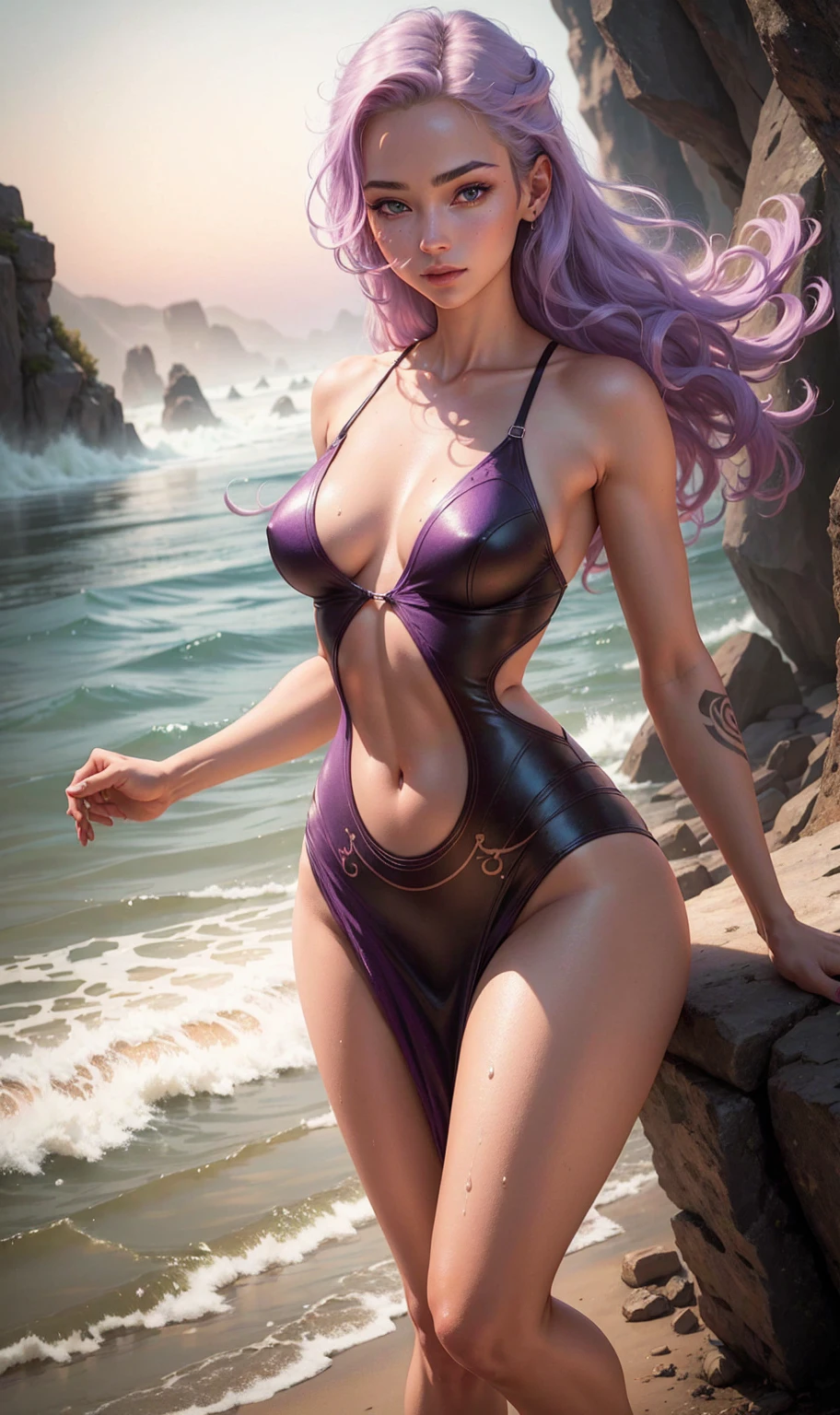 real-life, full length portrait of a young girl, 20 years old. perfectbody, realistic perfectbody composition, light purple hair swaying in the wind, body soaking wet, waterfall scene. Beautiful perfect realistic green eyes, charming smile, compose the most beautiful perfect face in the world overall, meticulously detailed hand-painted with the highest quality image. skin fair, good looking, tattoo art, 2cm liquid acrylic sexy sexy clothing, warm dreamy light, Volumetric Light, adventure style pulp, dynamic gradient, true color, Illustration Graphics, vector curves highly detailed, Simpler, Soft and clean, vectorial art, Soft, design of character, movie theater, Surrealism, cartazes, collection of masterpieces, sunset, wet pigment. high quality of image, meticulous detail, perfect realistic work real people. Beautiful perfectly realistic hands and fingers. Highest quality virtual images.