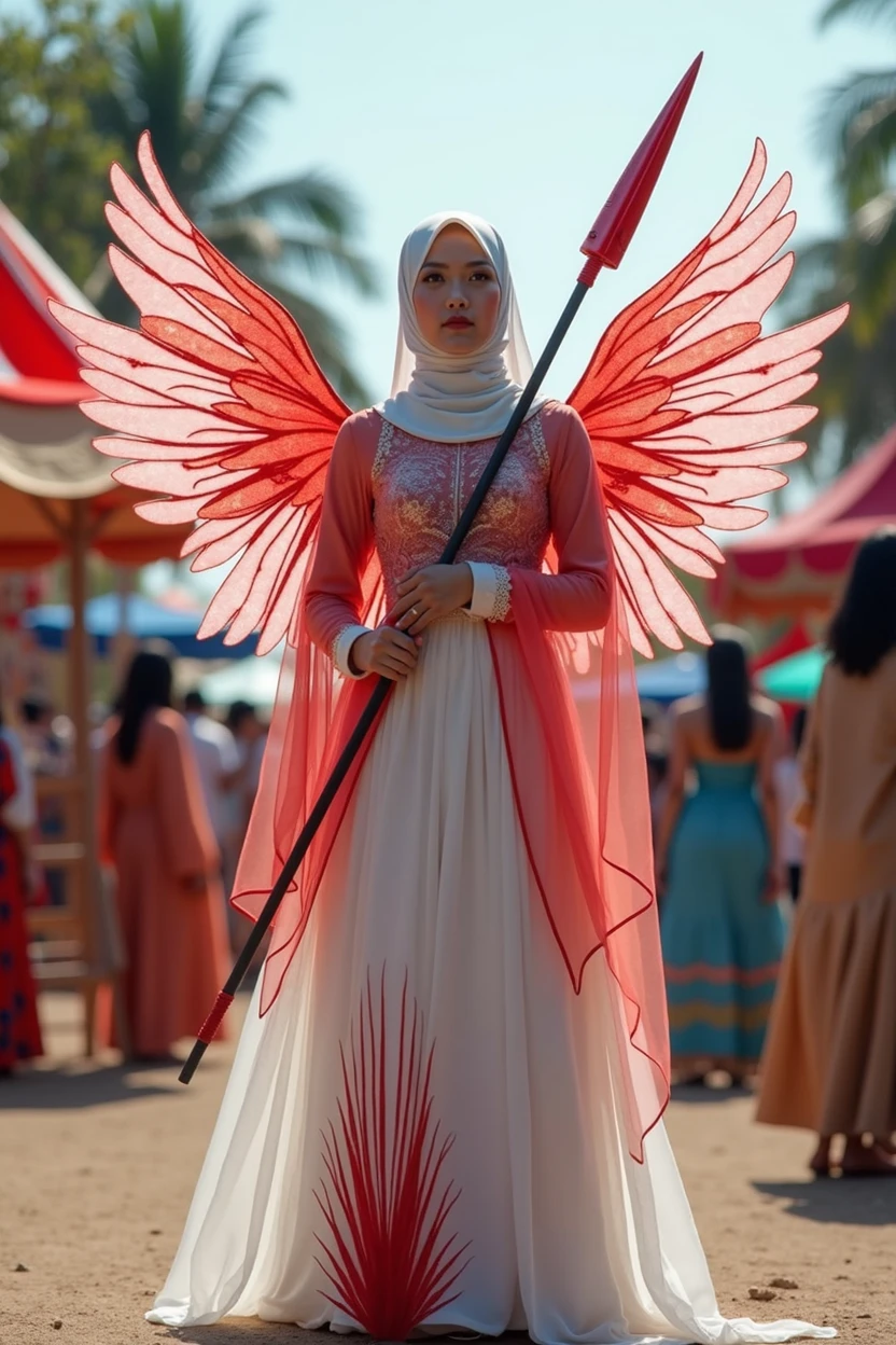 Muslim woman wearing a dress made of used plastic, soft transparent red and white colour with red and white, with wings like Indonesian garuda, elegant minimalist clasik design, wearing a white long skirt with red and blue straight line pattern, carnival event, very realistic, very realistic, (complex detail: 0.9), (hdr, hyperdetail: 1.2), RAW, Sony Alpha a9 II, 24-105mm f/4, HDR, holding a spear