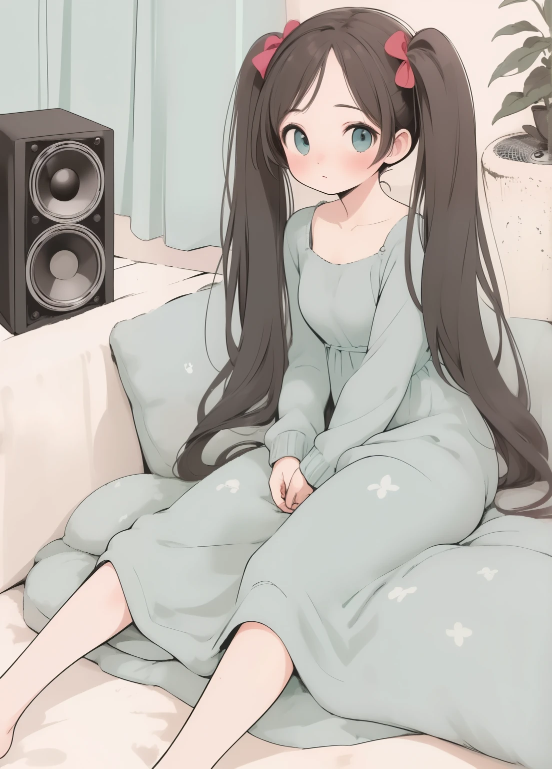 (masterpiece、Highest quality、Highest quality、Official Art、Beautiful and beautiful:1.2)、(One girl:1.3)Hatsune Miku、Twin tails,Beautiful breasts, Katsushika Hokusai,Very detailed,Flat Color,Highest quality,masterpiece,Field,urushihara satoshi,One girl,whole body,1980s \(style\),80s Anime, ,((masterpiece)),(((Highest quality))),, One girl, alone,,retro artstyle,masterpiece,Highest quality,Highest quality,Very high , , (Sit on the speaker: 1.3)Asian Eyes,Beautiful Eyes,Best Shadow,,Flat Color,Lie down in bed，Very large breasts，whole bodyが映っている,Electric guitar,Holding vinyl,indoor plant,indoor,(Flat Color:1.4)