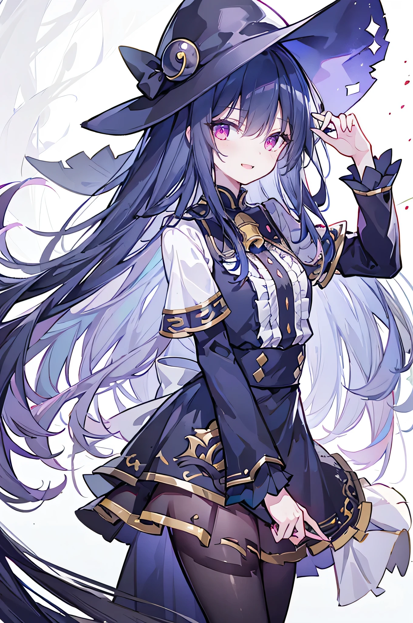oung Girls,Humanity,A magician always smiles,big witch hat,cute,dark blue long hair,The eyes are dull,The bangs are heavy,Thin eyebrows,fantasy,intake,Double teeth,Star Theme,Constellation pattern,Solid color clothetal decoration,cloak,A bit of a dark atmosphere,A little crazy smile,When the big moon shines outside at night,blood,Hair black star embellishment,Short tie,No nails,High waist skirt,Bell sleeves,Long-sleeved shirt,Black tie,low risk,gentlemen。Mist、Yellow and white effect,Shocking pink as an accent color