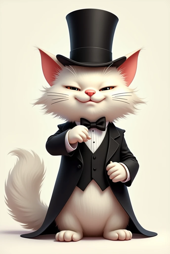 A sly white fluffy cat in a suit and top hat is sitting and smiling, pointing his finger forward.