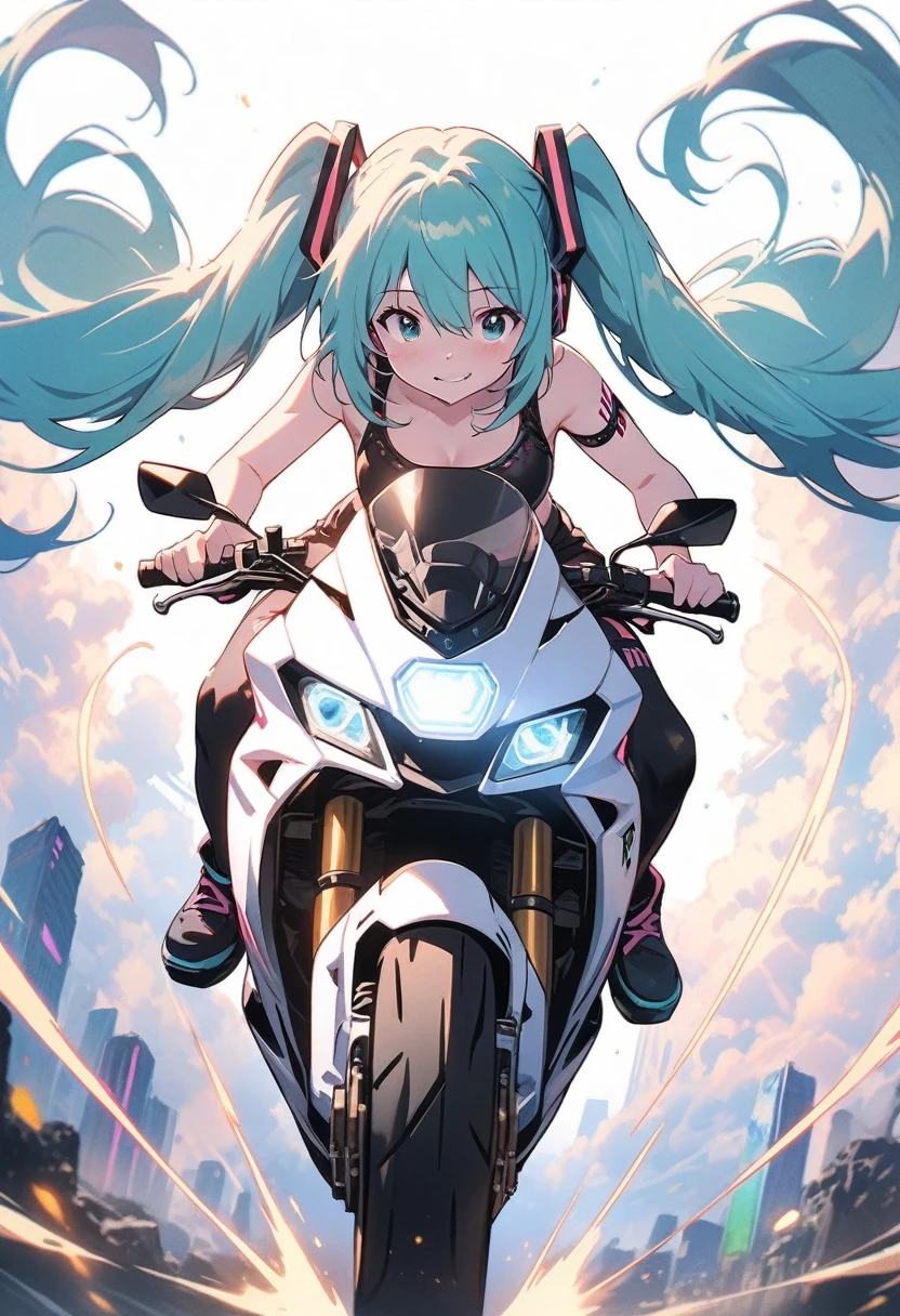 ((hatsune miku)), riding a futuristic motorcycle, sense of speed, motion blur, cyberpunk, pale skin, tired face, 8k,wallpaper of extremely detailed CG unit, ​masterpiece,hight resolution,top-quality,top-quality real texture skin,hyper realisitic,increase the resolution,RAW photos,best qualtiy,highly detailed,the wallpaper,cinematic lighting,ray trace,golden ratio, long shot, 