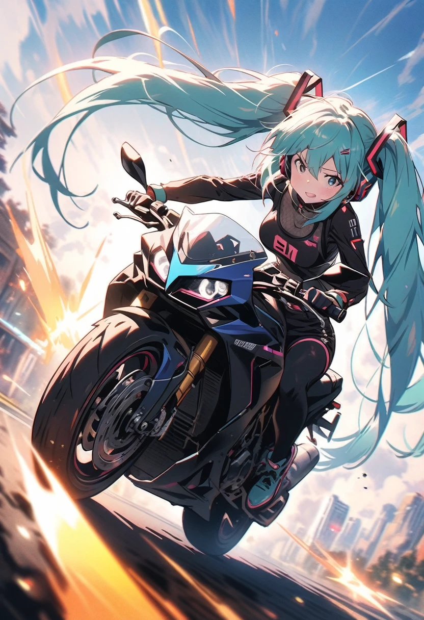 ((hatsune miku)), riding a futuristic motorcycle, sense of speed, motion blur, cyberpunk, pale skin, tired face, 8k,wallpaper of extremely detailed CG unit, ​masterpiece,hight resolution,top-quality,top-quality real texture skin,hyper realisitic,increase the resolution,RAW photos,best qualtiy,highly detailed,the wallpaper,cinematic lighting,ray trace,golden ratio, long shot, 