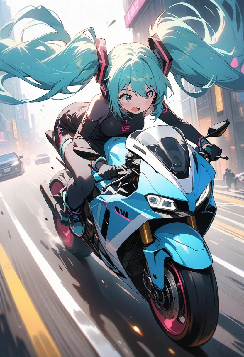 ((hatsune miku)), riding a futuristic motorcycle, sense of speed, motion blur, cyberpunk, pale skin, tired face, 8k,wallpaper of extremely detailed CG unit, ​masterpiece,hight resolution,top-quality,top-quality real texture skin,hyper realisitic,increase the resolution,RAW photos,best qualtiy,highly detailed,the wallpaper,cinematic lighting,ray trace,golden ratio, long shot, 