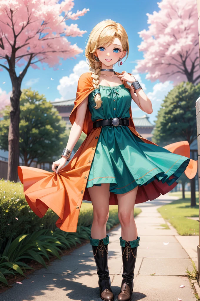 masterpiece,highest quality,High resolution,Super detailed,bianca \(dq5\),blue eyes,long hair,single blade,earrings,choker,orange cloak,green dress,bracelet,belt,boots,(wind lift:1.2),blush,(embarrassing:1.2),outdoor,castle garden,dance、high resolution、Super detailed、bianca \(dq5\)、blue eyes、long hair、One braid、earrings、choker、orange cloak、green dress、bracelet、belt、boots、、、outdoor、cherry blossoms、Are standing、smile、cowboy shot