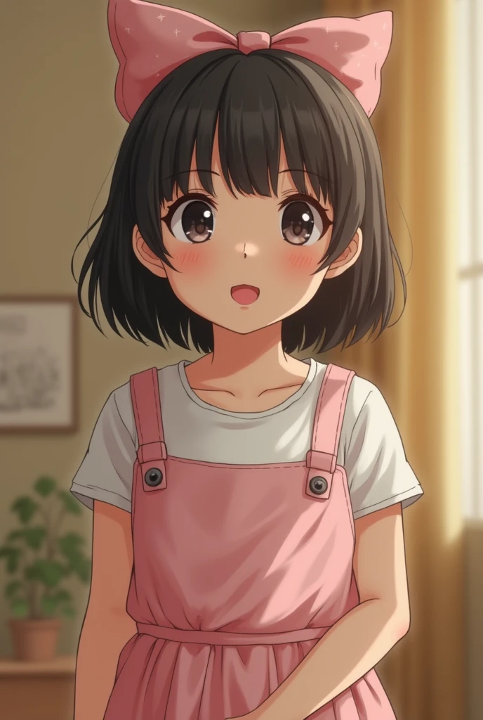 A small elementary school student with big breasts is shy and sticks out her tongue