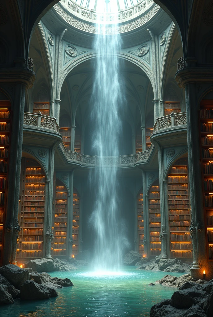 higher, imagination, (realistic), best quality, masterpiece, Realistic Detail, Depth of field, 8k, Full HD, 3d, Super resolution, arafed view of a waterfall in a Mosque with bookshelves, vast Mosque, fancy Mosque, books cave, Mosque background, an eternal Mosque, ancient Mosque, grand Mosque, magical environment, epic rivendell fantasy, an endless waterfall, background = Mosque, gothic epic library, castle Mosque