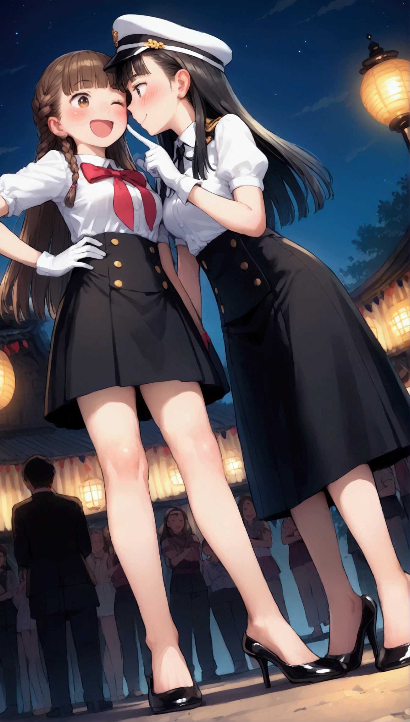 {Highest quality}, {Super beautiful},{Ultra fine},{Best illustration},Brown Hair,Hime cut,long hair,Braid,One woman,Standing Woman,Strike a pose,Adult women,smile,Excited face,Wink,Uniform cap,White Shirt,Short sleeve,long black skirt,White gloves,Night Festival,Blushing,Slender,Black stiletto heels,barefoot,From an angle,From below,Put one hand on your hip,Woman with closed legs,blow a kiss with one hand