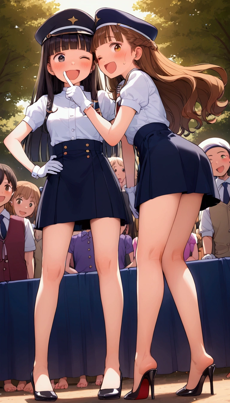 {Highest quality}, {Super beautiful},{Ultra fine},{Best illustration},Brown Hair,Hime cut,long hair,Braid,One woman,Standing Woman,Strike a pose,Adult women,smile,Excited face,Wink,Uniform cap,White Shirt,Short sleeve,long black skirt,White gloves,Night Festival,Blushing,Slender,Black stiletto heels,barefoot,From an angle,From below,Put one hand on your hip,Woman with closed legs,blow a kiss with one hand