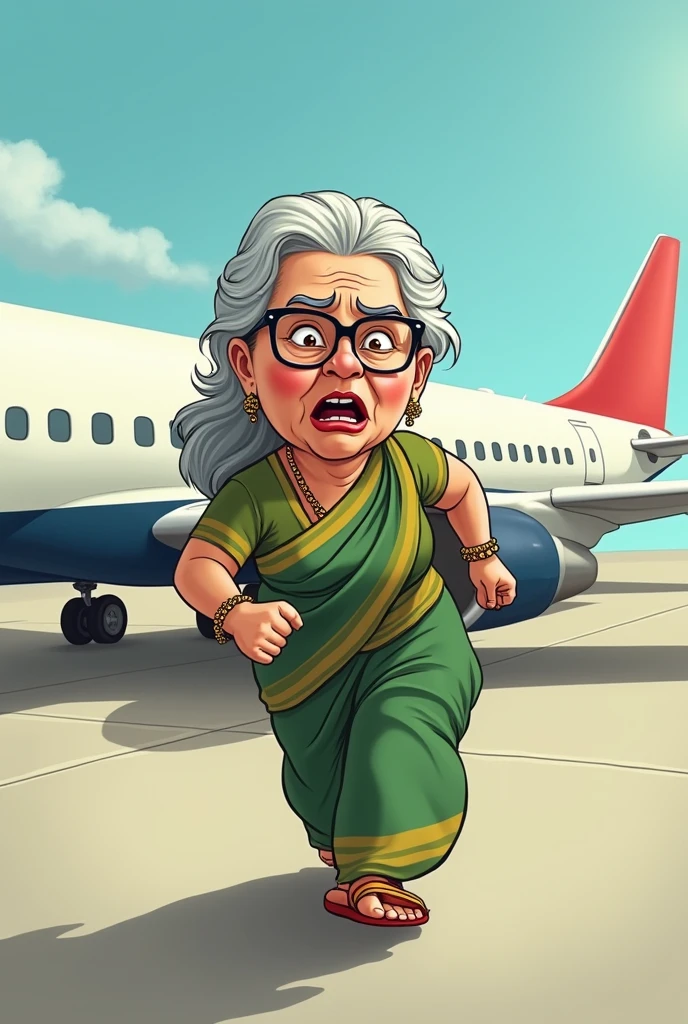 sheikha hasina running towards plane on the surface,,grey and white hair,,wearing a saree,,in a hurry,,feared and worried expression,,cartoon,,with a big head and big nse,,wearing glasses,,running,,saree on her head,,fat
left side profile,,open mouth,,disgusting face