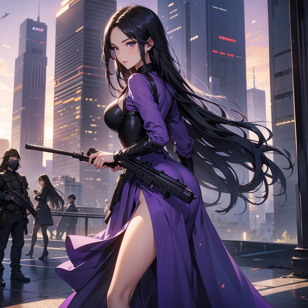 a beautiful woman with long black hair, wearing a tight violet dress, standing holding a pistol, aiming the barrel at the bad guys, on a tall building, the sun is setting.