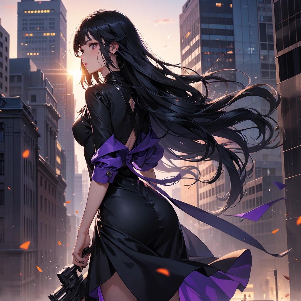 a beautiful woman with long black hair, wearing a tight violet dress, standing holding a pistol, aiming the barrel at the bad guys, on a tall building, the sun is setting.