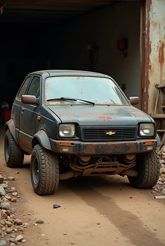 Black Chevrolet Spark with low tube tire and dirt floor