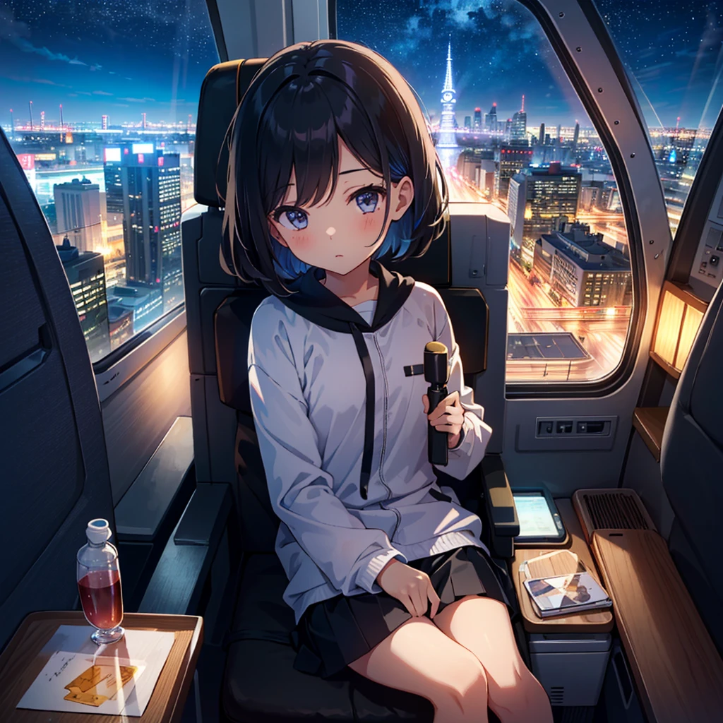 {{{Masterpiece, highest quality, high resolution background}}}, bright and beautiful atmosphere, 1 girl (7 years old, round face, baby face), small breasts, loose clothes, night view from the airplane window, airplane chair A girl sitting on a plane, a mini pig sleeping on a plane, "deltamon_sdXL :0.73)>Deltamon"