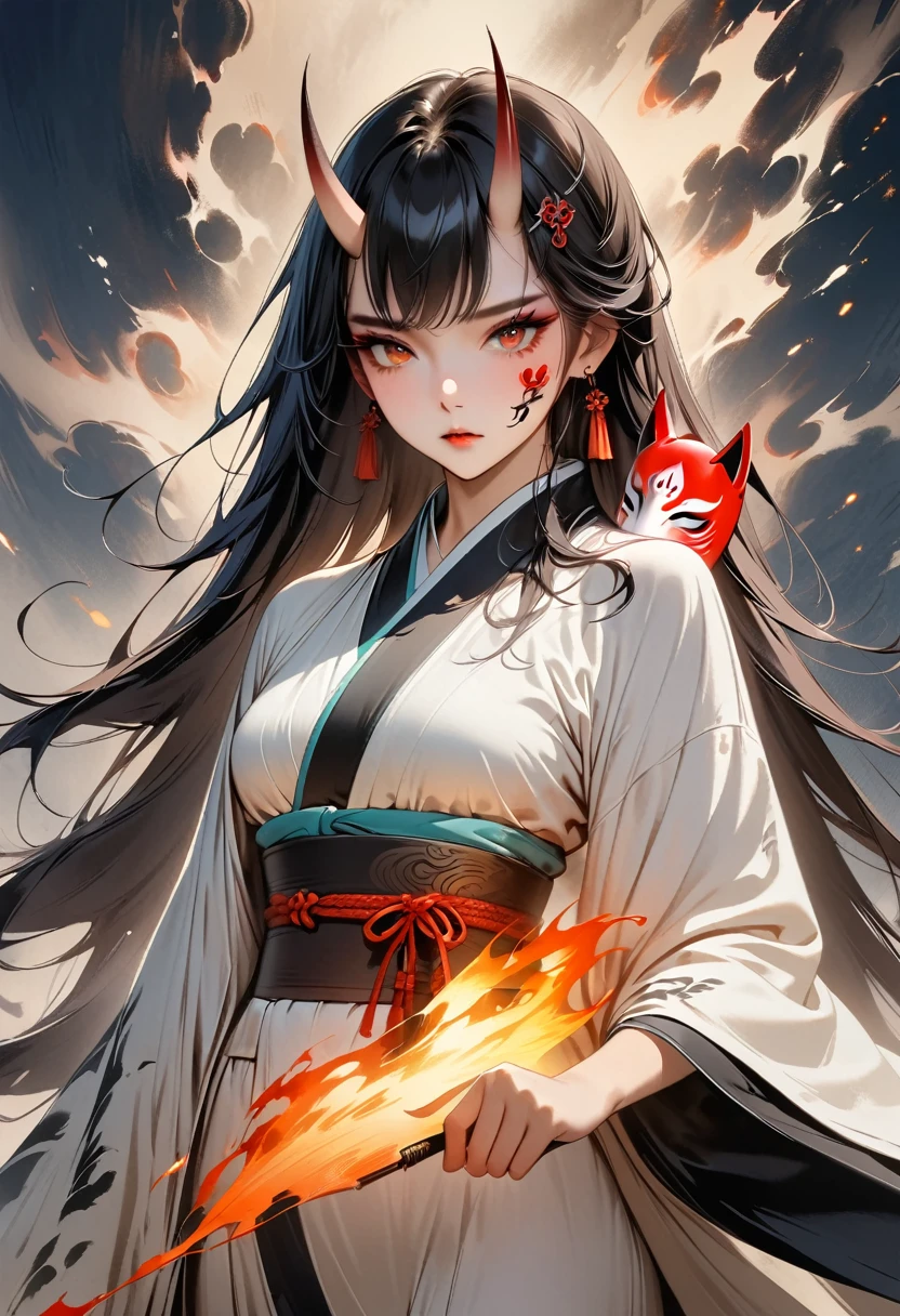 (Masterpiece, Top quality, Best quality, Official art, Beautiful and aesthetic:1.2), Ink painting, (((Hair color is white))), (((She wears an Anbu fox mask on her face)))A tempting devil,1 girl, wearing a kimono, (2 small oni horns:1.6), fire around her, Glowing body, Colorful, Top detailed, Cold light, Tattoo