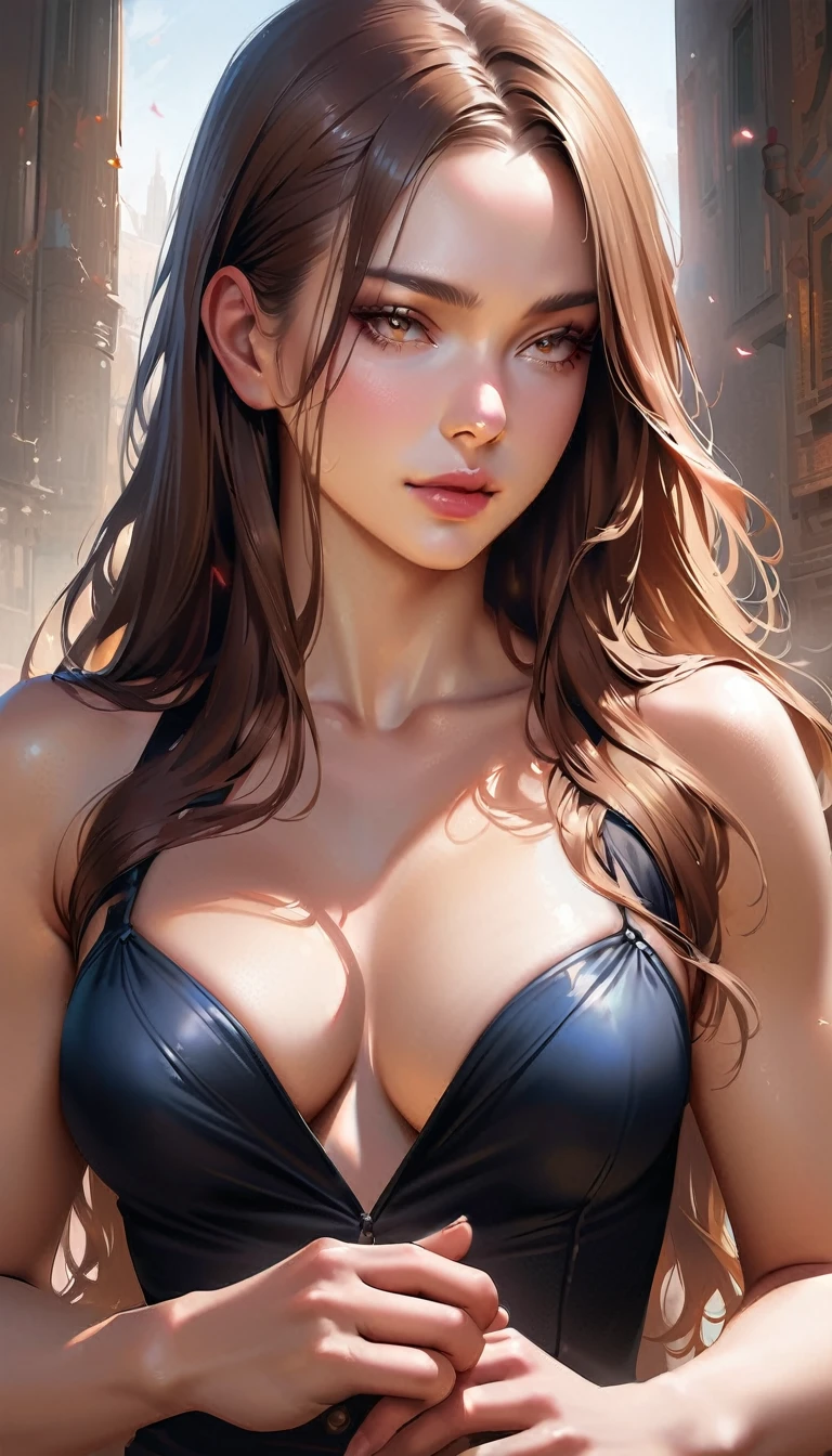 realistic, a woman, long hair , clear makeup