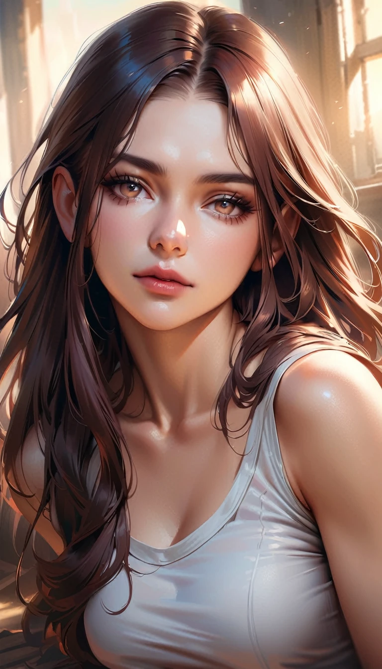 realistic, a woman, long hair , clear makeup