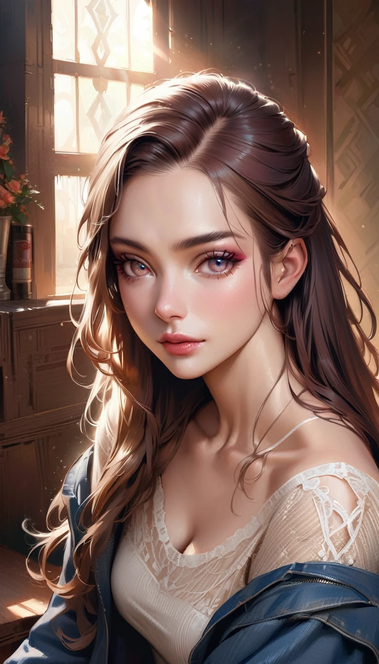 realistic, a woman, long hair , clear makeup