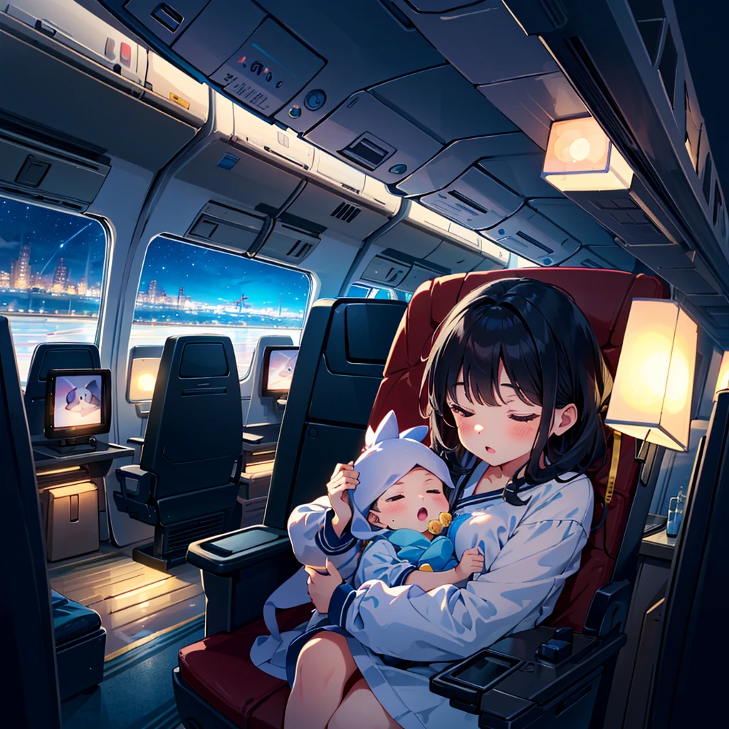 {{{Masterpiece, highest quality, high resolution background}}}, bright and beautiful atmosphere, 1 girl (7 years old, round face, baby face), small breasts, loose clothes, night view from the airplane window, airplane chair A girl sitting on a plane, a mini pig sleeping on a plane, "deltamon_sdXL :0.73)>Deltamon"