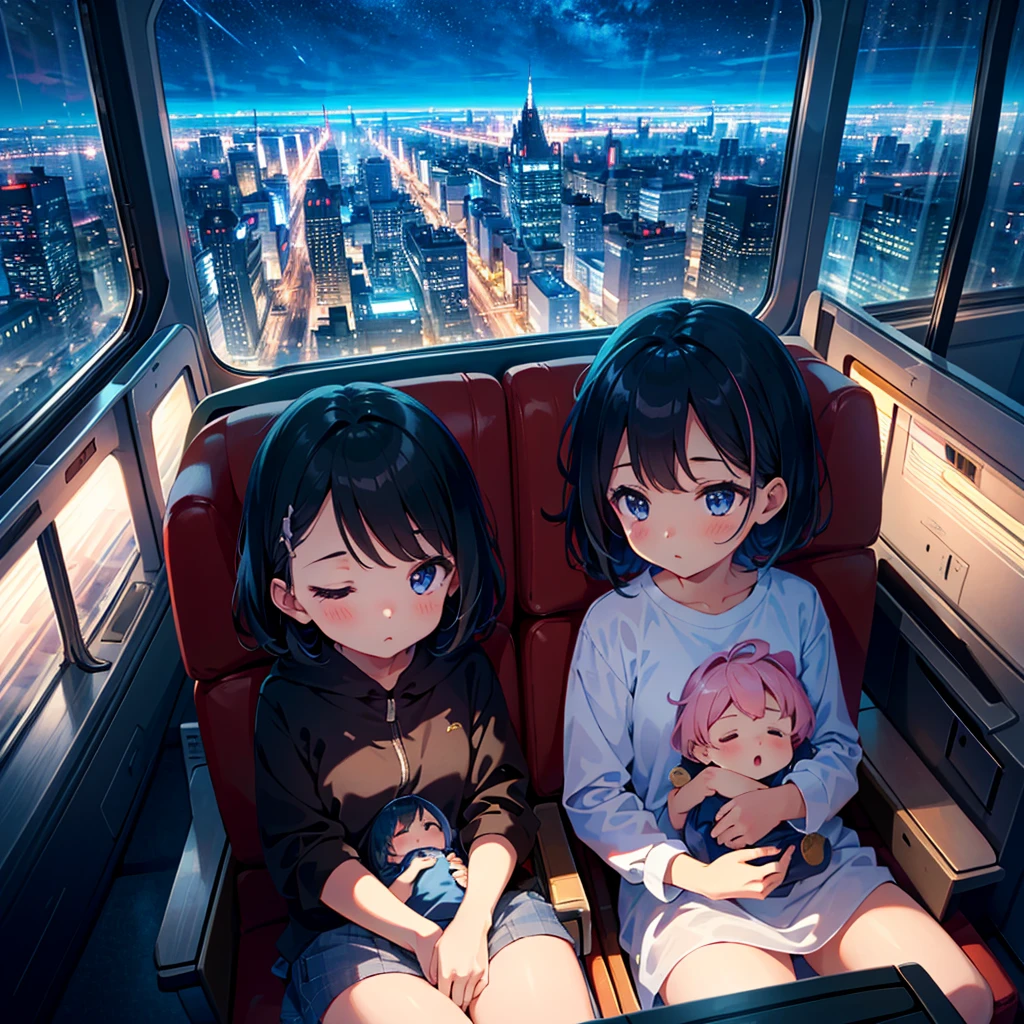 {{{Masterpiece, highest quality, high resolution background}}}, bright and beautiful atmosphere, 1 girl (7 years old, round face, baby face), small breasts, loose clothes, night view from the airplane window, airplane chair A girl sitting on a plane, a mini pig sleeping on a plane, "deltamon_sdXL :0.73)>Deltamon"