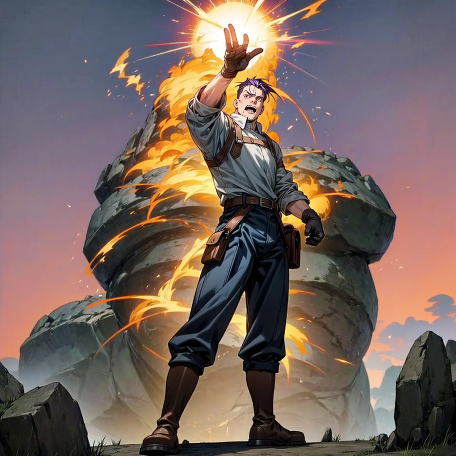 Solo character, full body version, middle aged man, beard, big muscle, purple eyes, black half white color hair, undercut hair, casual clothing, blue color clothing, gloves, black pants, boots, belt, outdoor, field, medieval, morning, standing gesture, detailed background, detailed clothing, detailed hair, (food wars style art), fire effect on background, smoke effect on background, his Arm is Stone, open mouth, angry 