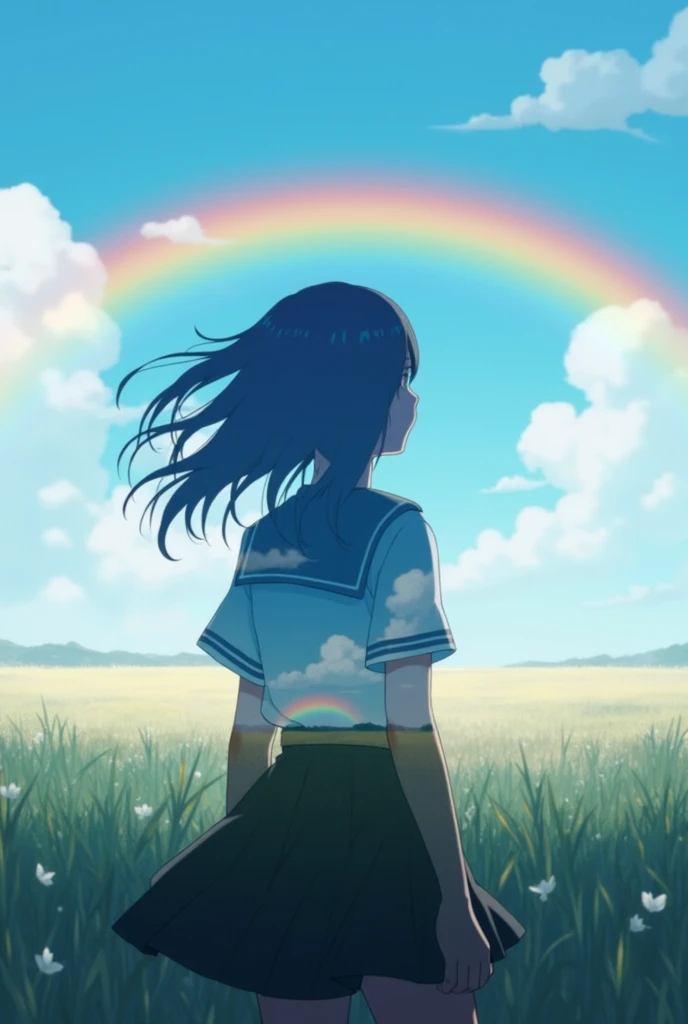 score_9, score_8_up, score_7_up, score_6_up, score_5_up, score_4_up、1girl、Black hair, long hair, sailor suit, short sleeves, (double exposure silhouette: 1.2), (layered scenery photo: 1.2), (rain: 0.8), (rainbow: 1.2), blue sky, clouds,field, (looking up at the sky: 1.2), (back view: 1.2), (nostalgic vibe: 1.2)、shadows、ultra-detailed、unity 8k wallpaper