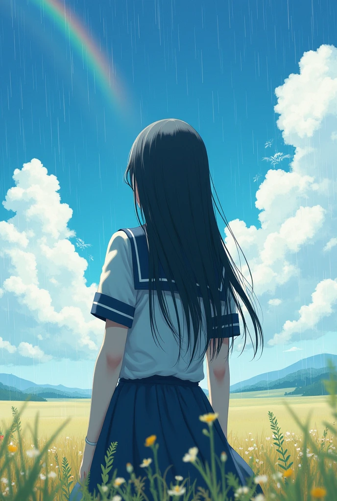 score_9, score_8_up, score_7_up, score_6_up, score_5_up, score_4_up、1girl、Black hair, long hair, sailor suit, short sleeves, (double exposure silhouette: 1.2), (layered scenery photo: 1.2), (rain: 0.8), (rainbow: 1.2), blue sky, clouds,field, (looking up at the sky: 1.2), (back view: 1.2), (nostalgic vibe: 1.2)、shadows、ultra-detailed、unity 8k wallpaper