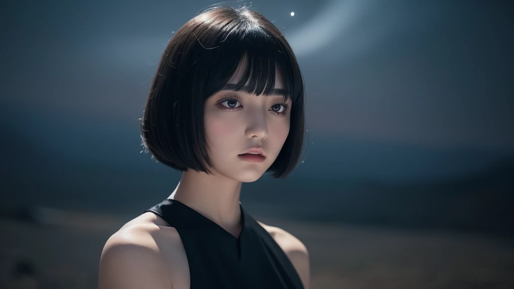 Delicate and dainty young woman with shiny bob-cut black hair . She is wearing black dress. The background is a fantastic and ethereal night sky that seems to be haunted by a specter. Her expression is stern and atmospheric. Angle from directly below.