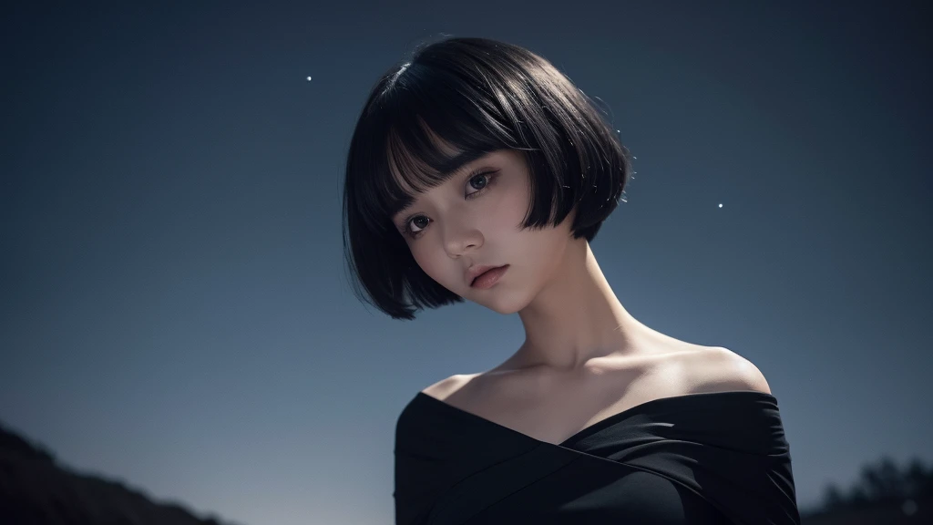 Delicate and dainty young woman with shiny bob-cut black hair . She is wearing black dress. The background is a fantastic and ethereal night sky that seems to be haunted by a specter. Her expression is stern and atmospheric. Angle from directly below.