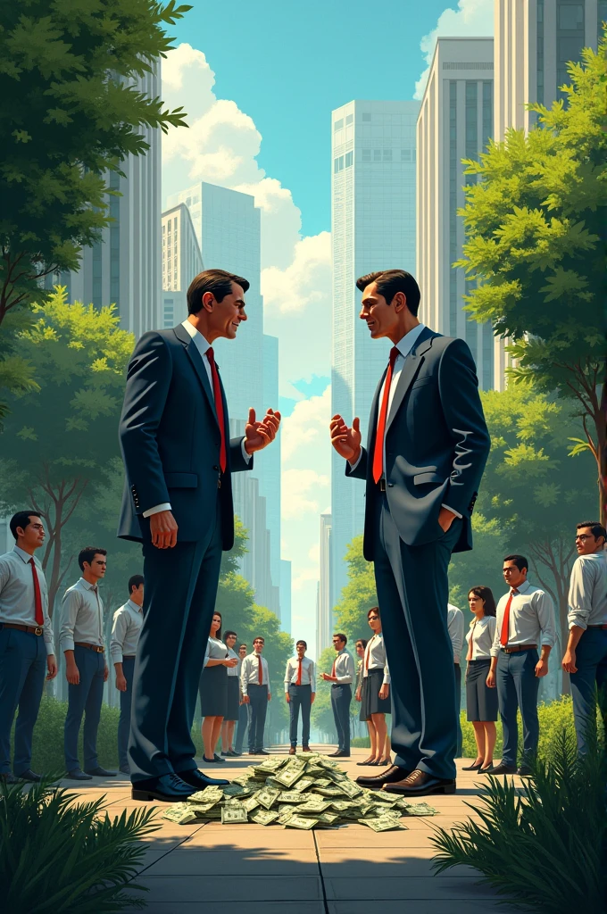 Greedy businessmen and money and some people and trees and plants