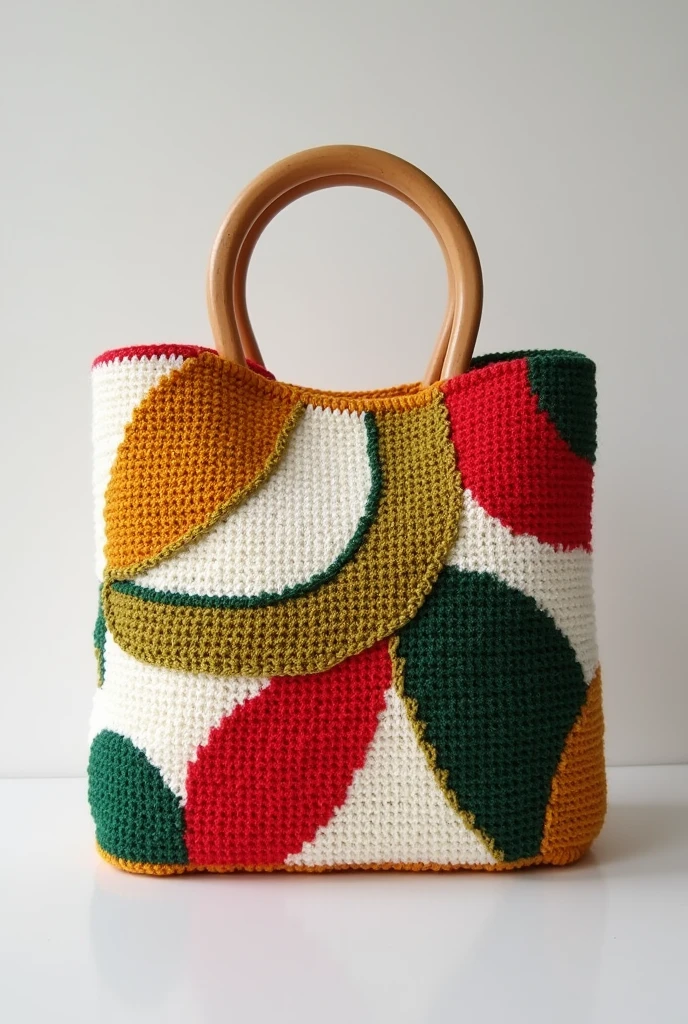 Act as designer,Create some image of unique patterns Crochets bag with wooden handle in colour combination of white ,red, green and mustard for 2025 trends