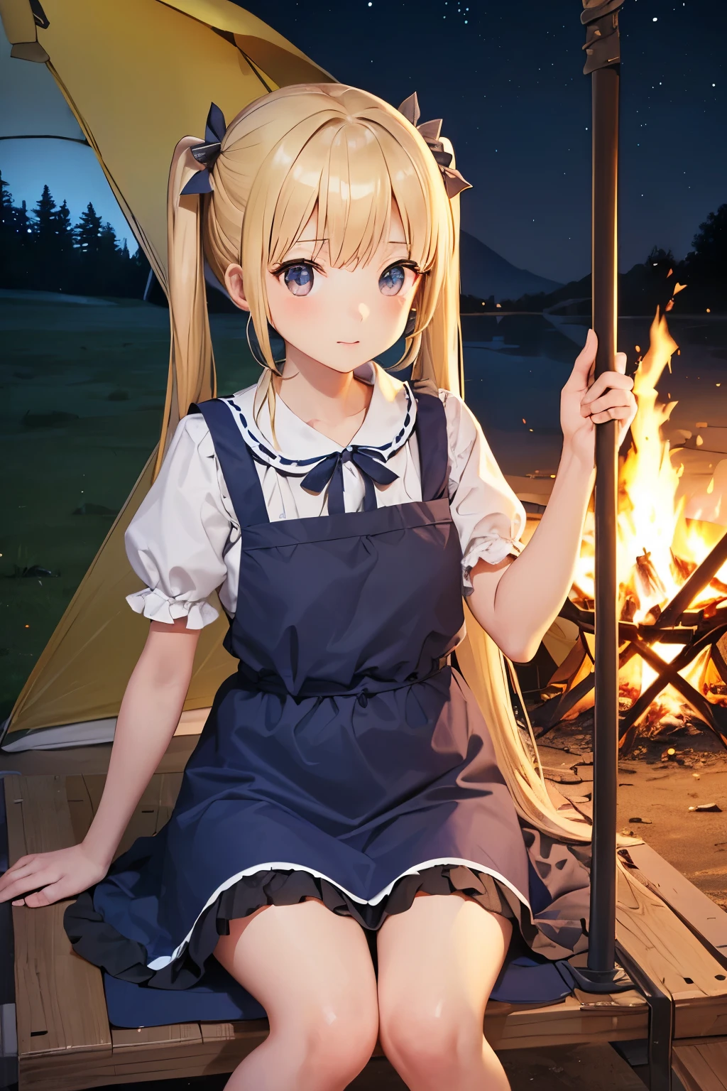(((Petite girl with blonde twin tails))),( blue ruffle dress),1girl in,(masutepiece), (Best Quality), (Best Detail), (Distant perspective), (((night))), Very detailed face, , shading ,(((doing camp))),(((Sitting in a camping chair))),((ティピーtentの前で))),,,((looks fun)),Grilled sweetfish skewers,((Cooking over a bonfire)),(((tent))),lanthanum