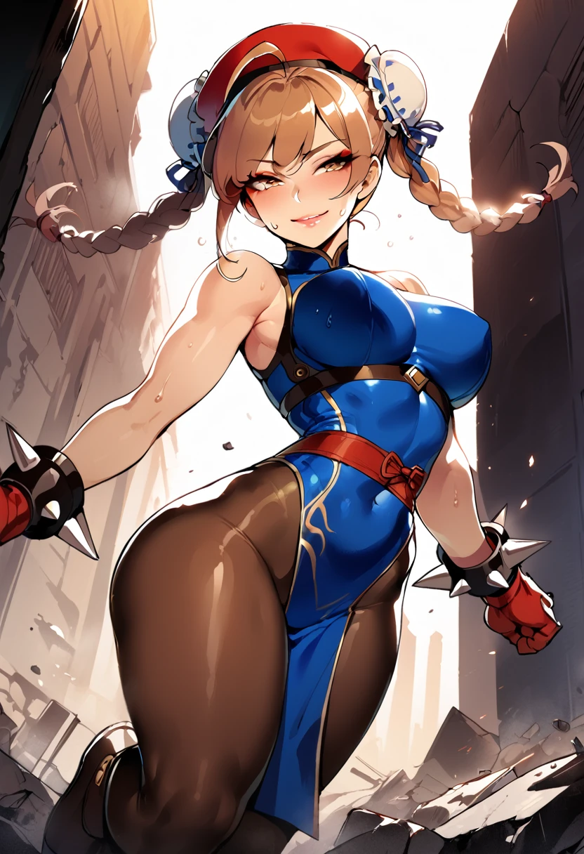 masterpiece,best quality,extreme detail,8k,cammyfn, 1girl, solo, Cammy, long hair, breasts, blue eyes,brown blonde hair, large breasts, gloves, red hat, braid, ahoge, twin braids, leotard, lips, makeup, beret, scar, antenna hair, nose, harness, huge ahoge, green leotard,sleeveless, sweaty,sweat, exhausted,sleeveless,cross eye, full body , 1girl, (solo:1.2), (jumping:1.3), (mid air:1.3), (cowboy shot:1.5), smile, happy, (masterpiece:1.3), (best quality:1.3), (perfect anatomy:1.4), highly detailed, chun li, brown eyes, short hair, double bun, bun cover, blue dress, pelvic curtain, spiked bracelet, sash, brown pantyhose, (post fight scenery:1.3), rubble, outside, daylight, nyantcha, expressive faces, anime-inspired, (cell shading:1.2), lips, merging
