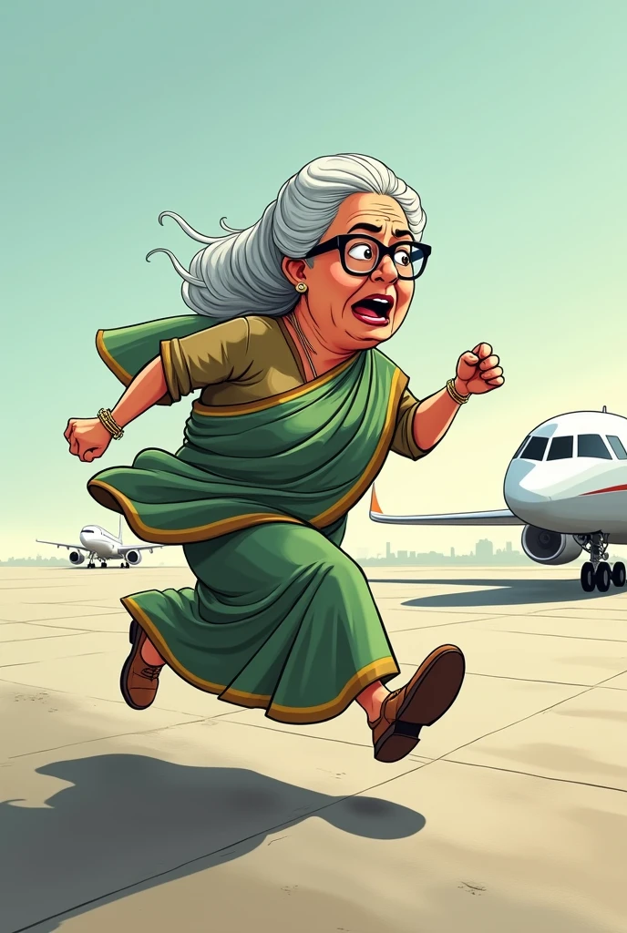 sheikha hasina running towards plane on the surface,,grey and white hair,,wearing a saree,,in a hurry,,feared and worried expression,,cartoon,,with a big head and big nse,,wearing glasses,,running,,saree on her head,,fat
left side profile,,open mouth,,disgusting face