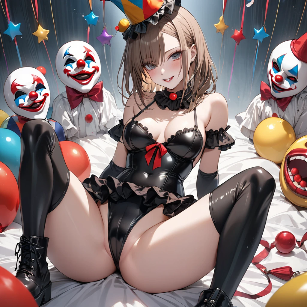 ((Highest quality)), ((masterpiece)), (detailed), （Perfect Face）、The woman is Asuna Yuuki, with bright brown hair and a semi-long hairstyle.  She has a pale white complexion and is wearing a creepy clown mask.、The woman is an evil clown wearing a risque black rubber V-shaped leotard costume, long black rubber boots, long black rubber gloves, lots of frills and clown decorations, a clown collar, a clown jester hat, a swallowtail skirt, heavy makeup on the clown&#39;s face, and a red nose.、The woman is a wicked and lewd clown, a minion of an evil organization.、The woman is the captain's wife.