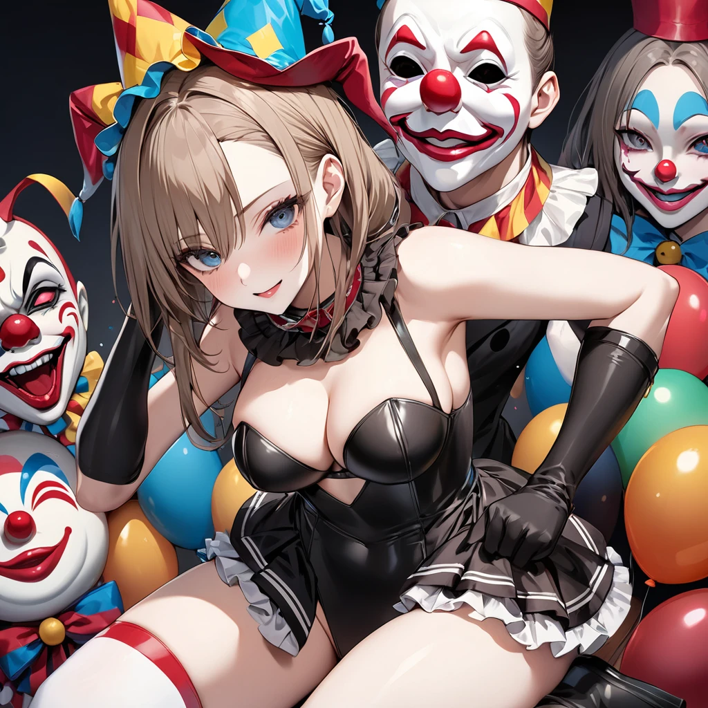 ((Highest quality)), ((masterpiece)), (detailed), (Perfect Face)、The woman is Asuna Yuuki, with bright brown hair and a semi-long hairstyle. She has a pale white complexion and is wearing a creepy clown mask.、The woman is an evil clown wearing a risque black rubber V-shaped leotard costume, long black rubber boots, long black rubber gloves, lots of frills and clown decorations, a clown collar, a clown jester hat, a swallowtail skirt, heavy makeup on the clown's face, and a red nose.、The woman is a wicked and lewd clown, a minion of an evil organization.、The woman is the captain's wife.