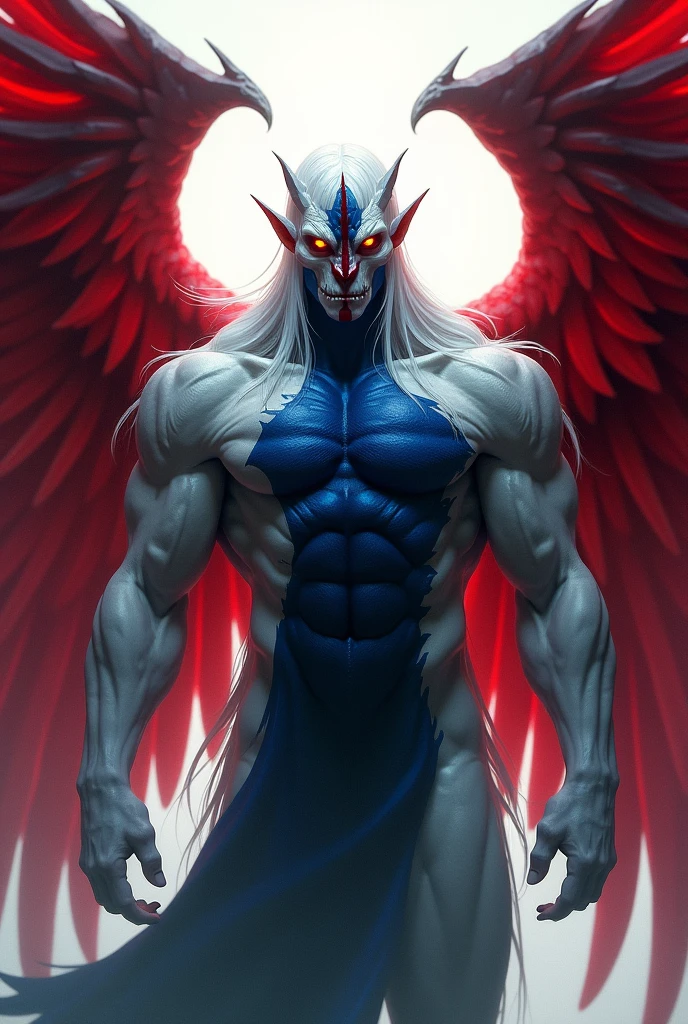 with wings on its back.
The wings on its back are red.、Colors that have a villainous vibe、Shoulders and arms、His chest is blue and the rest of his body is mostly white. He has a vertical scar on his face.