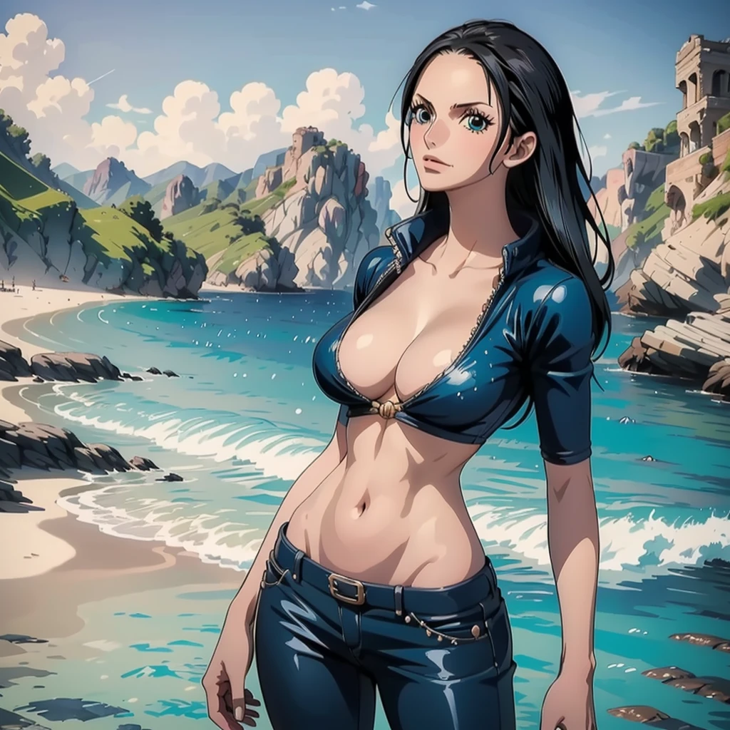 ((best quality, 8K, masterpiece:1.3, ultra-detailed, high resolution, detailed background, cinematic lighting)), Actual, Realistic, detailed eyes, ((Everything is sparkling, reflecting light:1.2)), (Best Ratio: 4 fingers, 1 thumb), (portrait), BREAK, 1 person, Nico Robin ((one piece)), Beautiful woman with perfect body, , , Slim waist, Highly detailed facial and skin texture, sexy pos, wearing a short pant, full-body, dynamic angle, outdoor, beach