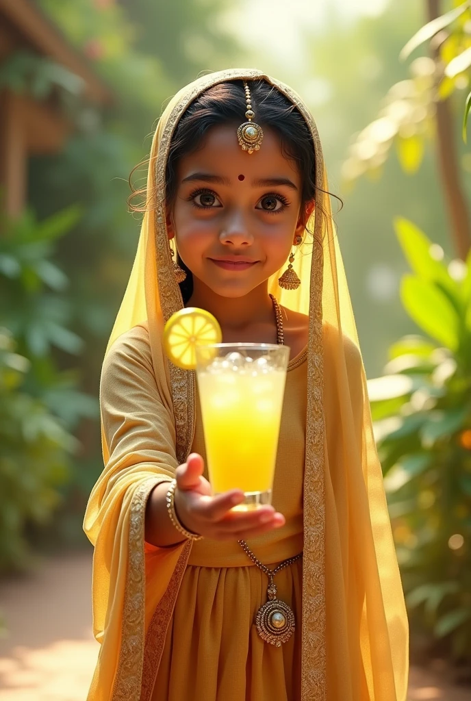 Girl with dopatta on head offering a glass of lemon juice