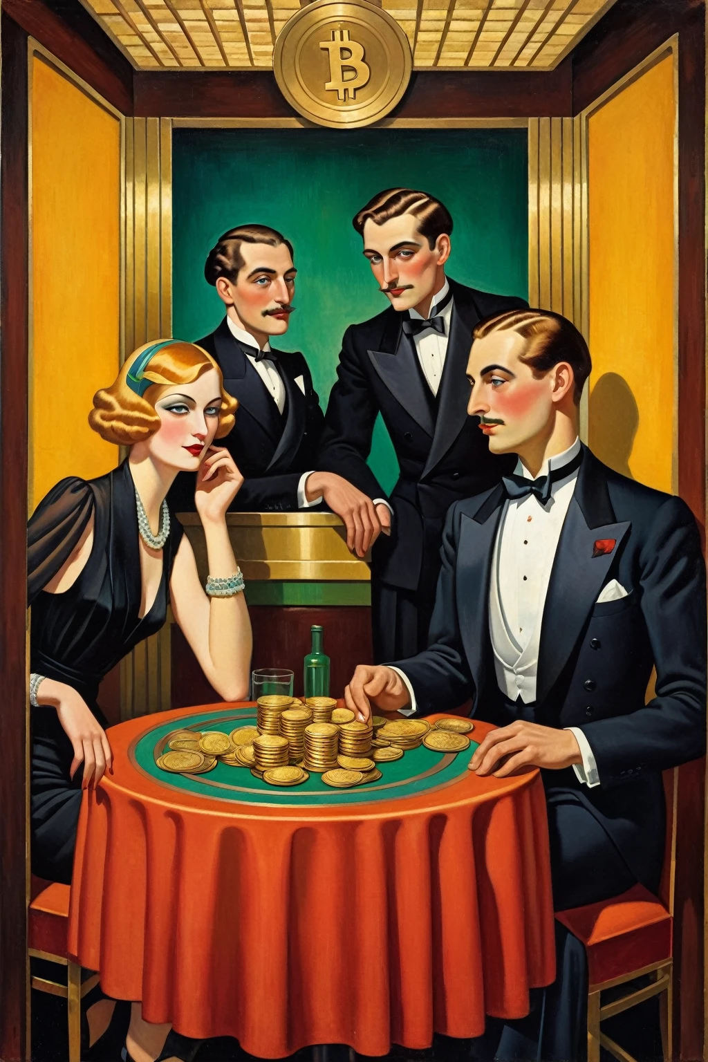 painting of a man and woman sitting at a table with a man in a tuxedo, art deco painting, stylised painting, art deco portrait, by Jean Metzinger, an art deco painting, by Fernand Pelez, art deco illustration, inspired by Moïse Kisling, group of people in an elevator, georgy kurasov, bauhaus style painting, woman with blong hair und curls,a man hold a gold coin of bitcoin