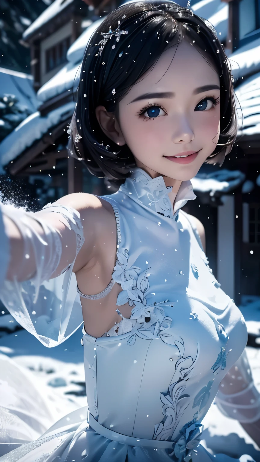 (masterpiece、Highest quality、Highest quality、Official Art、Beautiful and beautiful:1.2)、(One personのAdult women:1.3)、Bobcut、Moderate bust、Black Hair、Snow Scene、Snow powder、Smiling face close-up、Glossy Lips、Shining Eyes、The snow queen、Wedding dress、Cosplay、(Real、High resolution)、(One personのAdult women)、The snow queen、Close-up eyes、Adult women、(Highest quality)、(Tabletop)、(One personのAdult women)、One person、美しいAdult women、Perfect Face、dream-like、Very detailed airbrush art((Surreal))、Volumetric Lighting、(Highest quality)、Super detailed、(Structure of movement:1.4)、Very complex and colorful details、(Bright lighting)、moving composition、Ray Tracing、The mirror reflects light、Shallow depth of field、Super detailed、Exposure Blending、Her eyes shine deeply pink、Snow falling in the background、