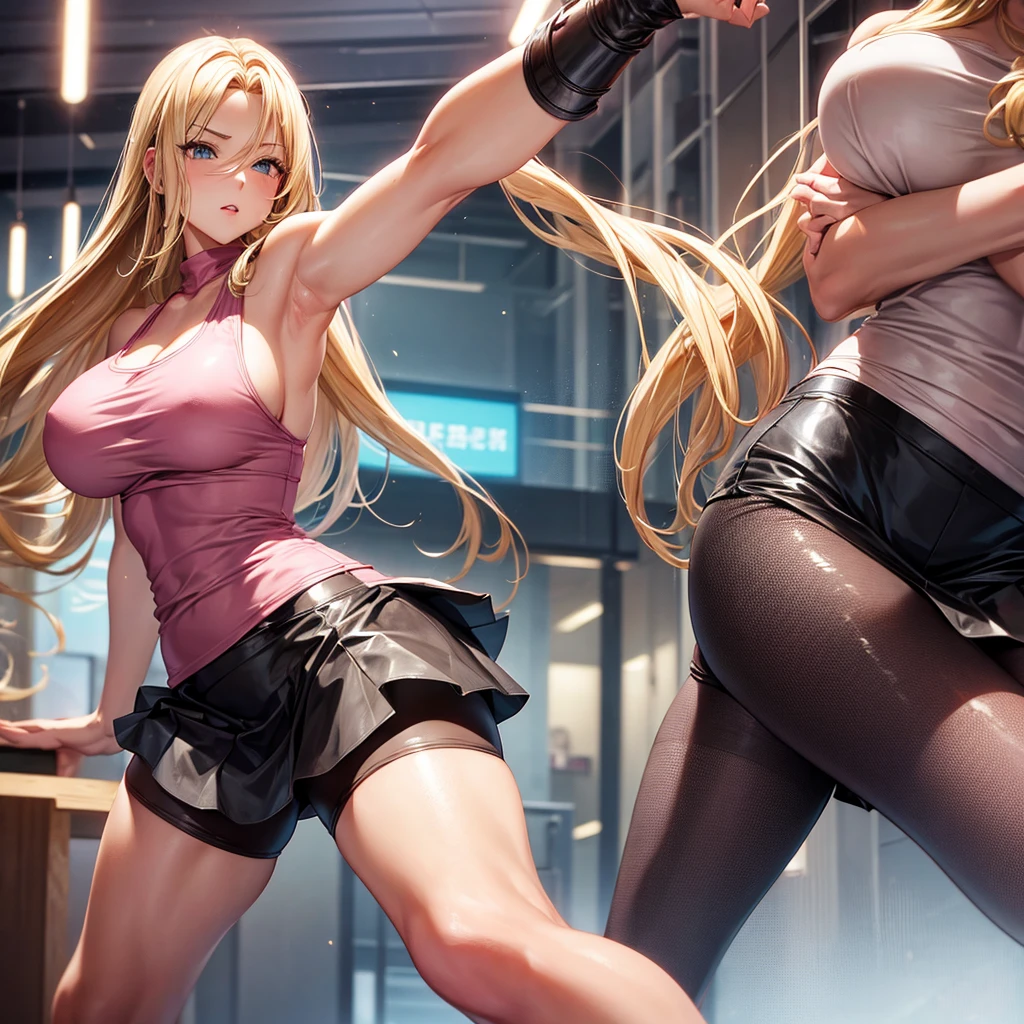 Early 30s, long blonde hair, large heavy breasts, slender build, pink tank top (braless), short leather skirt, pantyhose, dynamic pose, futanari