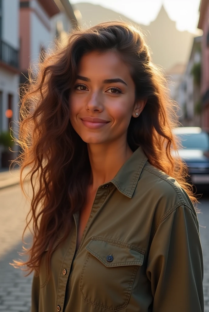 from above. Portrait of a beautiful light brown Ecuadorian woman, 34 years, light brown wavy hair. She is a model for the magazine. flirt with the camera., ( She is standing in the historic center of Quito and in the background you can see the Panecillo, she is wearing a shirt and a skirt of random colors, in the evening light:1.2), Perfect eyes, perfect hands, perfect body, perfect hair, small natural breasts, hair behind the ear, HD, retina, masterpiece, necessary, anatomically correct, textured skin, Super detail, with small imperfections, High details, high quality, awarded, Best Quality, High resolution, 16k, 8k, Hyper realistic INFO